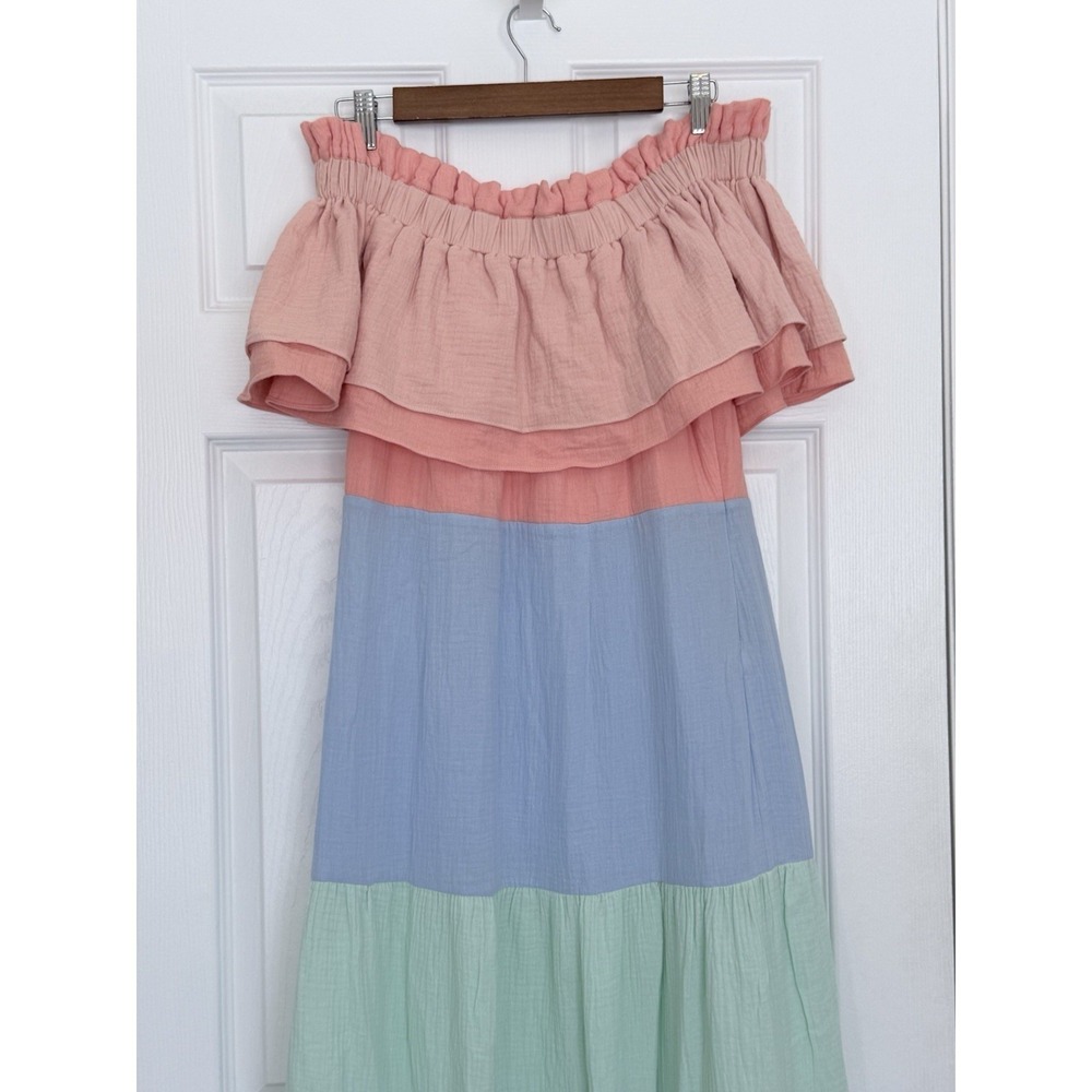 Paper London Cotton Gauze Off the Shoulder Tiered Maxi Dress Size 10 Striped - Picture 2 of 10